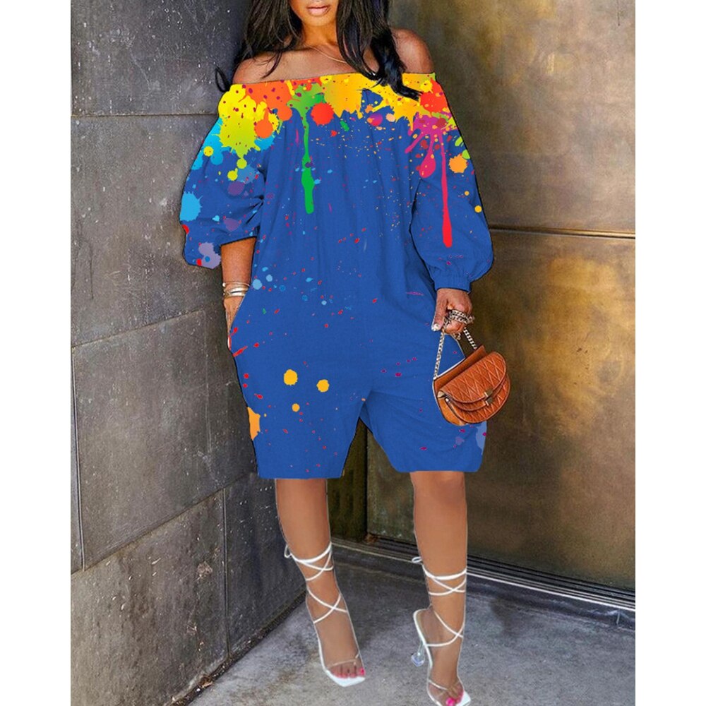 Sexy Women Ink Splash Print Off The Shoulder Long Sleeve Romper Oversized