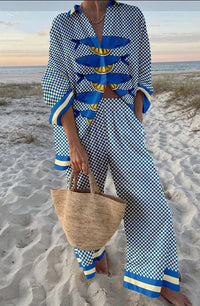 Boho Beach Holiday Print Shirt And Pants Two Pieces Sets Women Csaual Loose Long Sleeve Button Shirts Outfits Summer Pants Sets