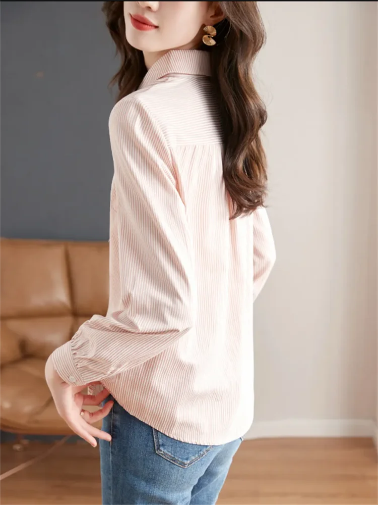 Spring Women Blouses Embroidered Shirt Pink Tops For Woman Clothes Blous Striped Shirt Cardigan Blouses Laple Long Sleeve Shirt