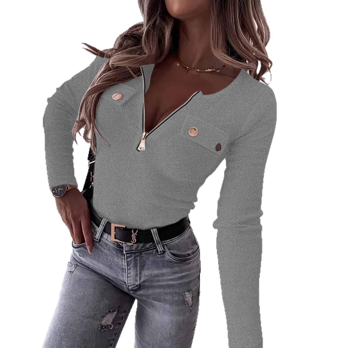 Y2K women's fashion simple slim top new V-neck long-sleeved casual T-shirt elegant zipper autumn and winter threaded knitted top