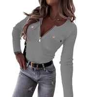 Y2K women's fashion simple slim top new V-neck long-sleeved casual T-shirt elegant zipper autumn and winter threaded knitted top