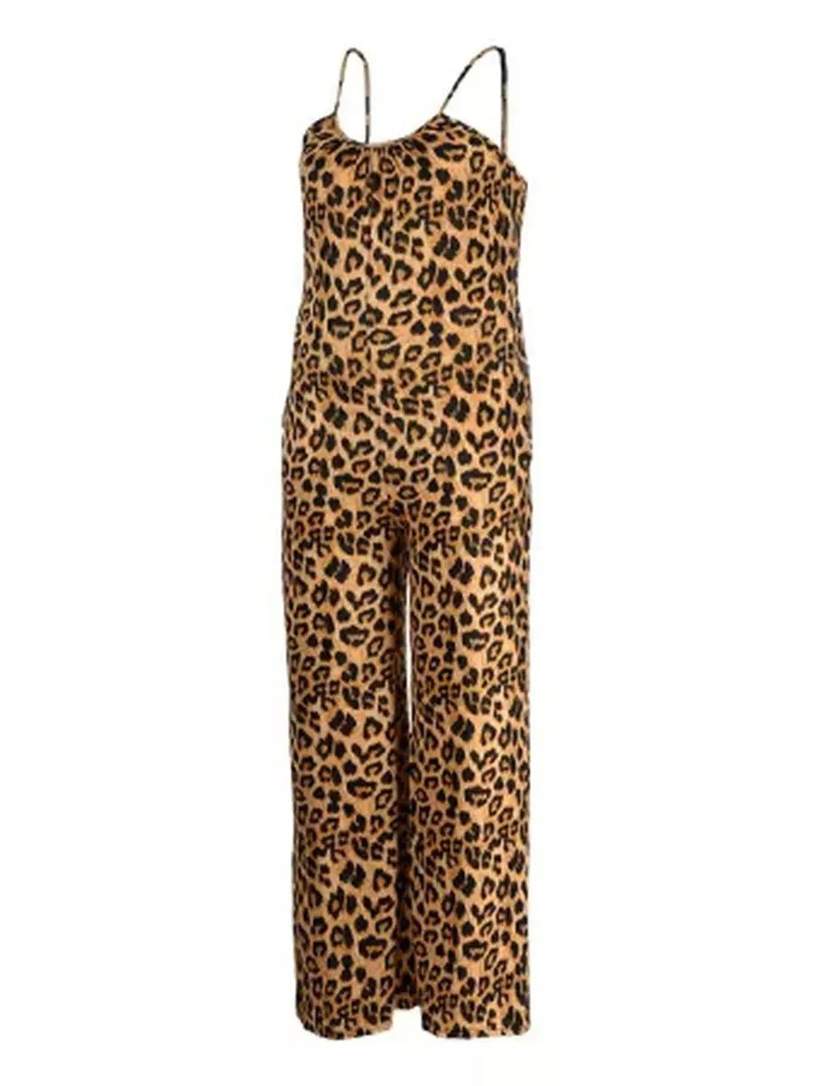 LW SXY Plus Size Leopard Print Pocket Design Jumpsuit Patchwork Sleeveless Spaghetti Strap Women Elastic Skinny Summer Outfit