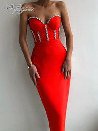 Ailigou 2022 New Women&#39;S Fashion Bead Chain Crystal Design Long Dress Sexy Sleeveless Backless Celebrity Party Bandage Dress