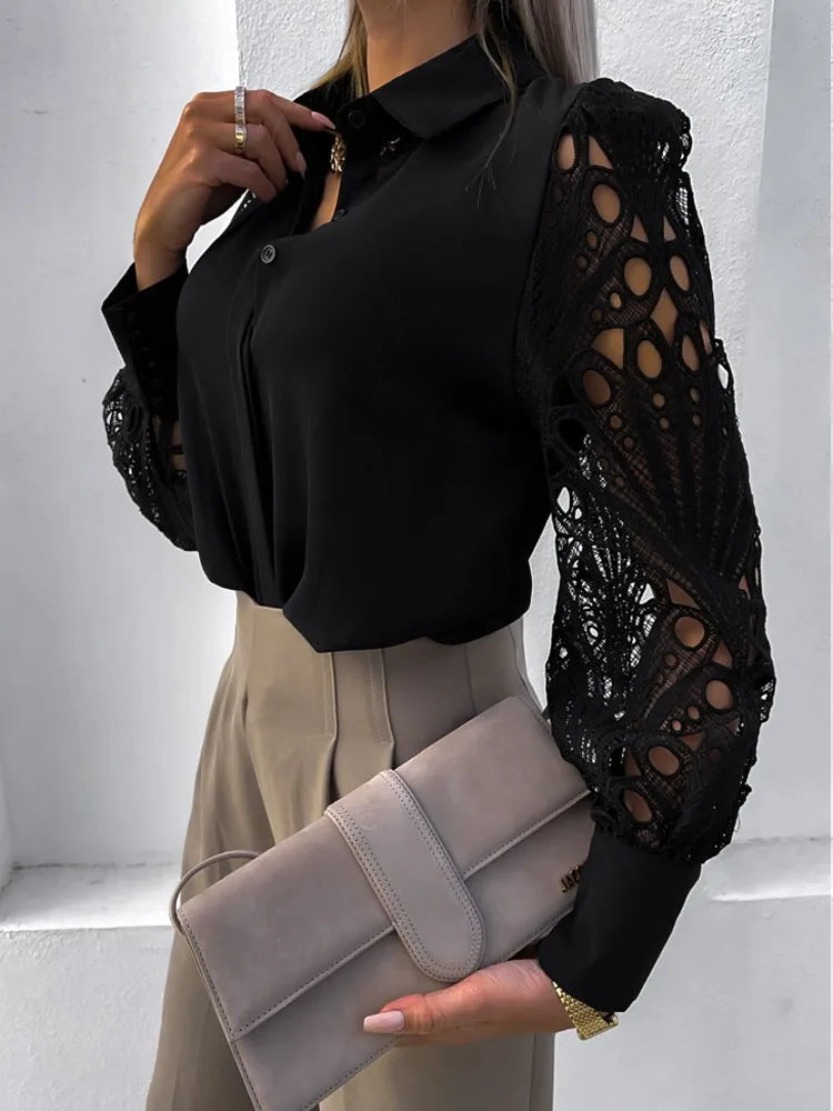 White Sexy Lace Hollow Out Women Blouse 2023 Spring Black Vintage Button Up Shirts Top Long Sleeve Mesh Design Tops Femme 19948