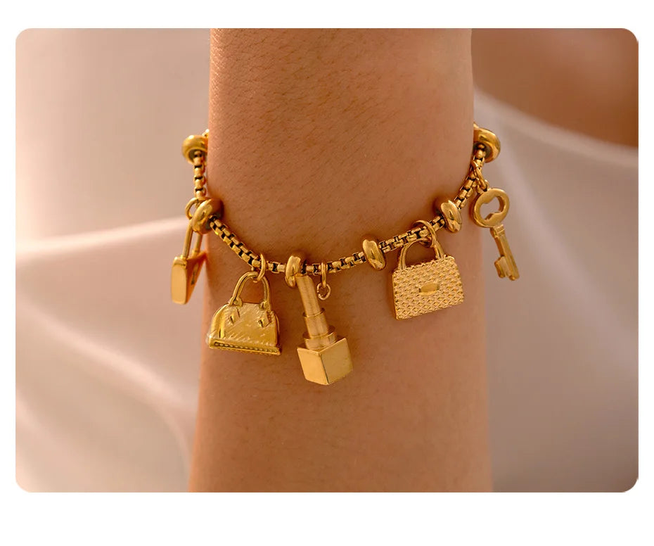 316L Stainless Steel Charm Bracelet For Women 18K Gold Plated Waterproof No Tarnish Women's Multiple Different Pendant Bracelets