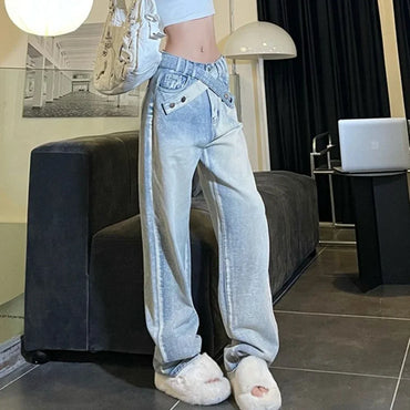 With Decorations Blue Jeans for Women Straight Leg High Waist Shot Trousers Denim Pants Woman Aesthetic Wholesale Original Gyaru