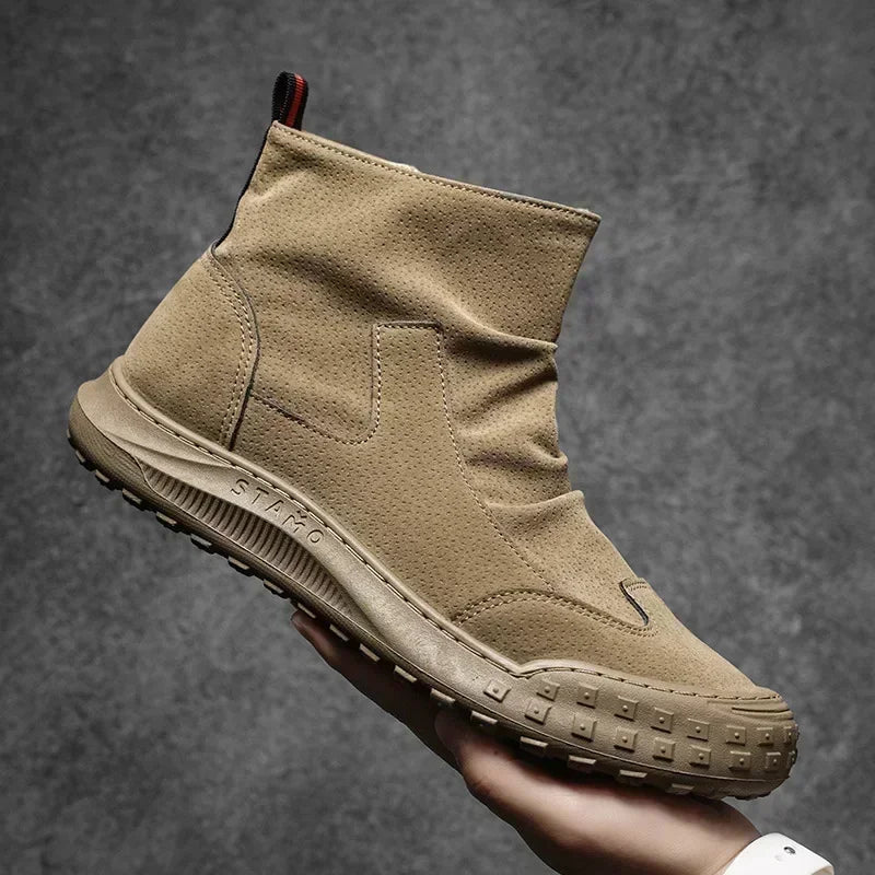 Men's Boots High Cut Workwear Shoes Autumn New Zipper Pleated Non Slip Comfort Thick Soled Wear-resistant Fashion Flat Boots