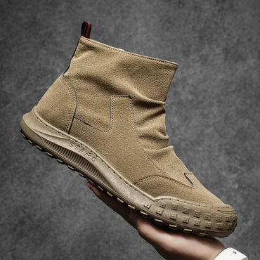 Men's Boots High Cut Workwear Shoes Autumn New Zipper Pleated Non Slip Comfort Thick Soled Wear-resistant Fashion Flat Boots