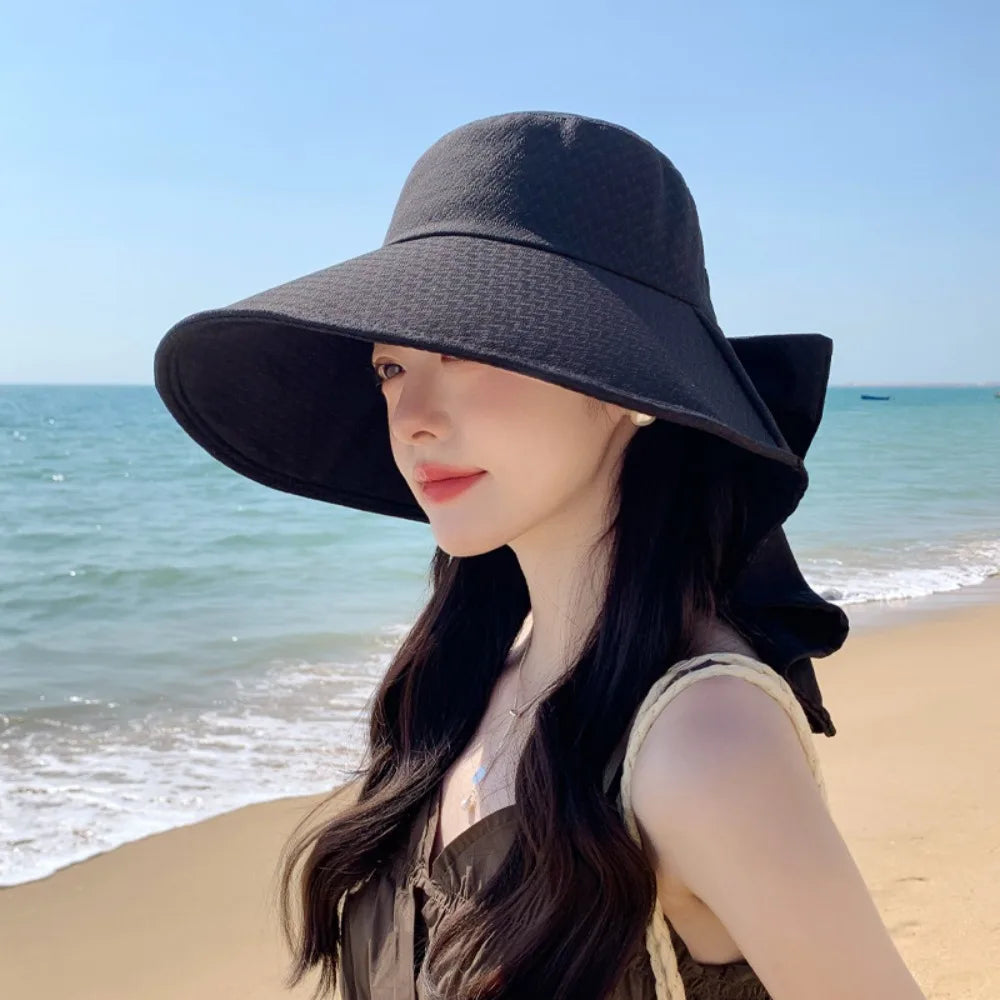 UPF 50+ UV Protection Bow Bucket Hat Sunscreen Wide Brim Outdoor Sun Hat Portable Adjustable Fisherman Cap Women
