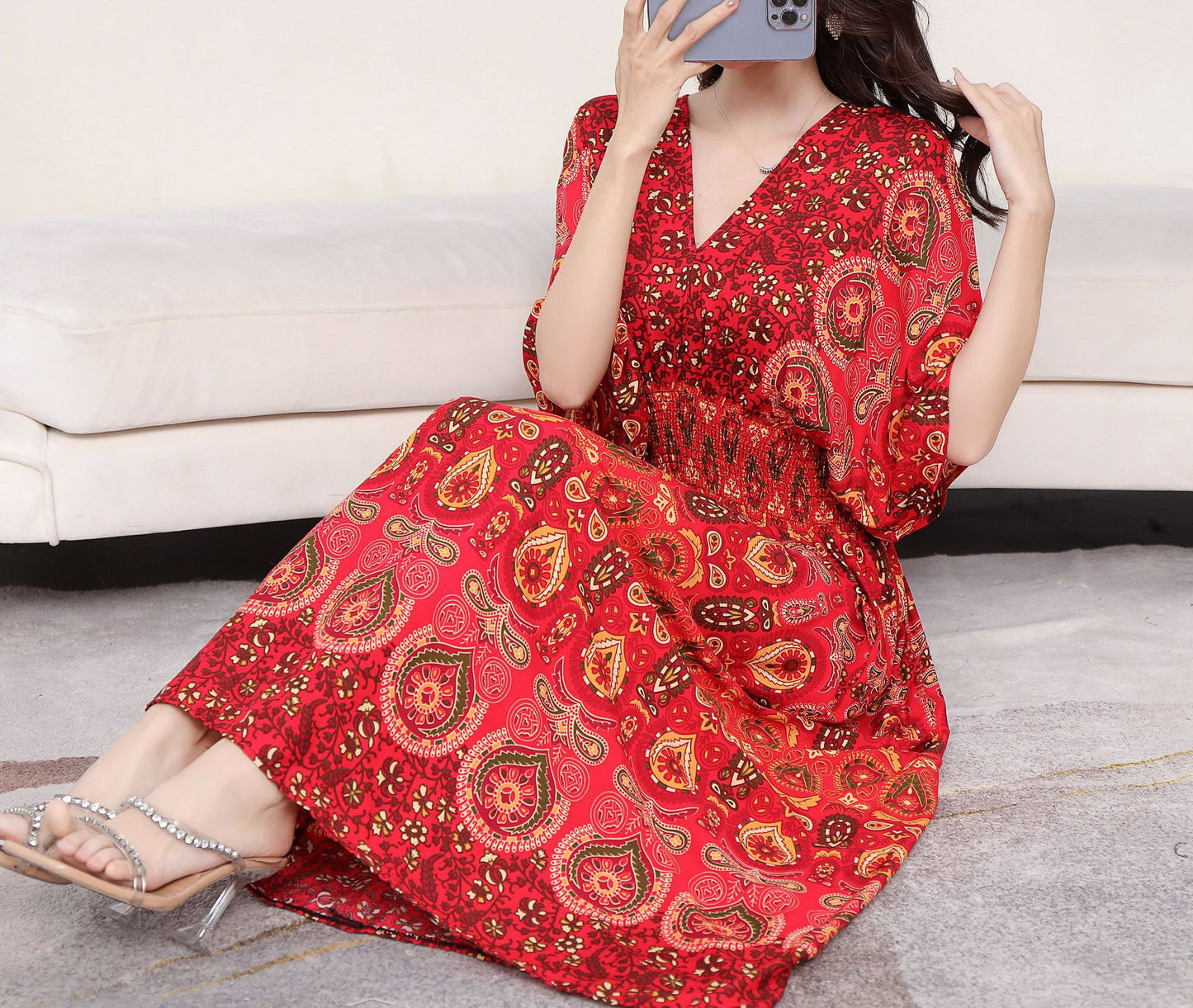 Summer Poplin Dresses Women Round Neck Puff Short Sleeve A Line Print Dresses Ethnic Style Tight High Waist Long Dress 2023