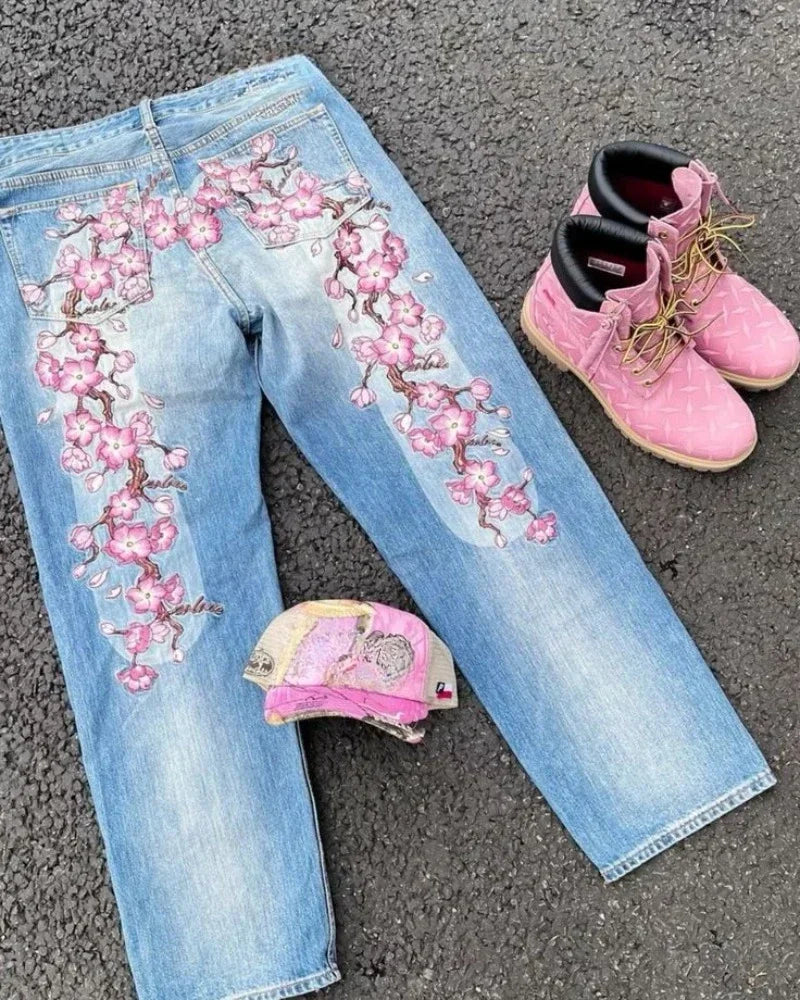Vintage Cherry Blossom Embroidery Baggy Jeans Women Y2K Harajuku Hip Hop Casual Wide Trousers American Gothic Street Wear