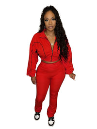 FLARORA Fashion Stripe Patchwork 2 Pcs Sets Woman Long Sleeve Zip Crop Jackets And Flare Pants Outfits Casual Street Tracksuits