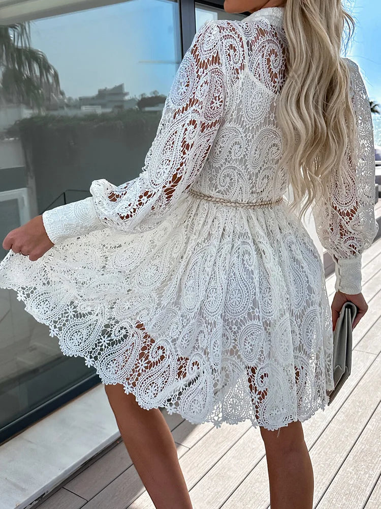 2023 Women Spring Summer Single-Breasted Maxi Dress Hollow Out Lace Patchwork Fashion Ladies Party Dress Streetwear Dropshipping