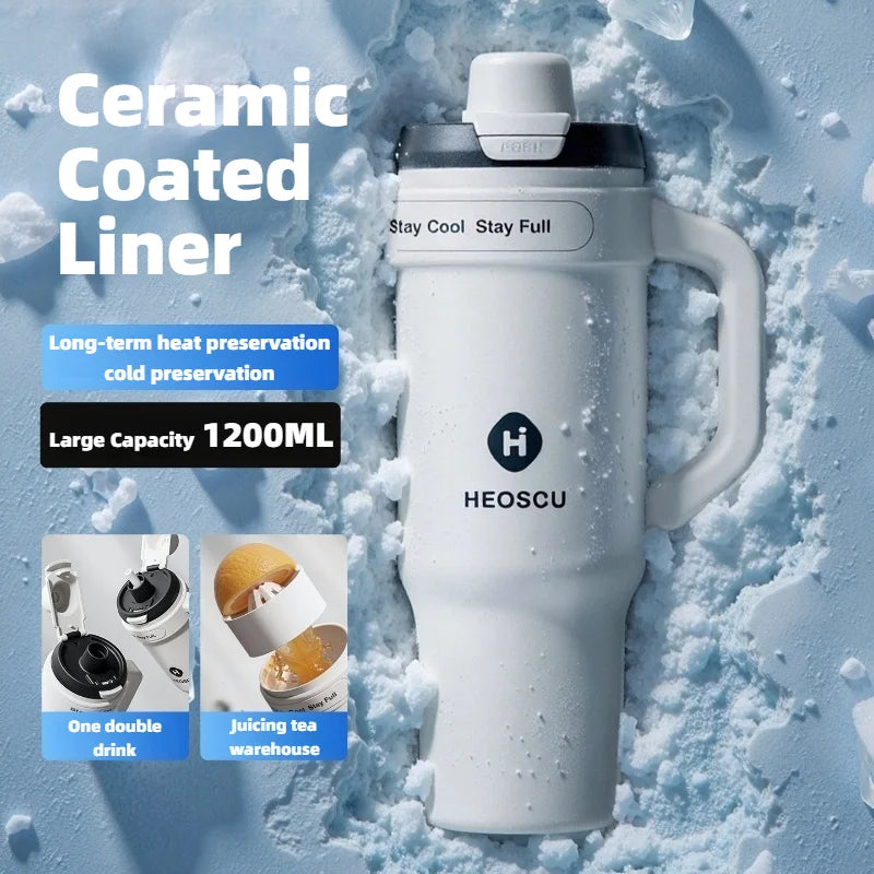 1pc Stainless Steel Ice Tumbler 1200ml Insulated Cup With Handle & Straw Keeps Cold For 24 Hrs Car Insulation Cup Coffee Water