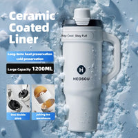 1pc Stainless Steel Ice Tumbler 1200ml Insulated Cup With Handle & Straw Keeps Cold For 24 Hrs Car Insulation Cup Coffee Water