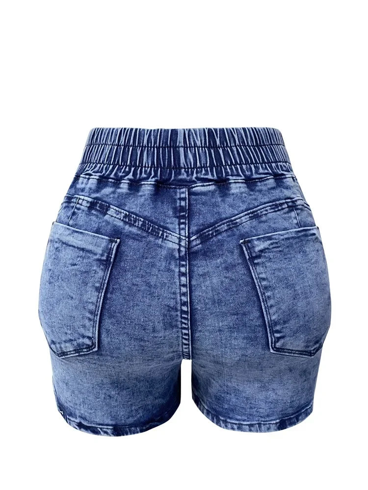 Women Jeans Denim Shorts Mid Waist Sexy Slim Fit Drawstring Pleated Summer 2024 Washing Pockets Slight Strech Solid Regular