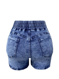 Women Jeans Denim Shorts Mid Waist Sexy Slim Fit Drawstring Pleated Summer 2024 Washing Pockets Slight Strech Solid Regular