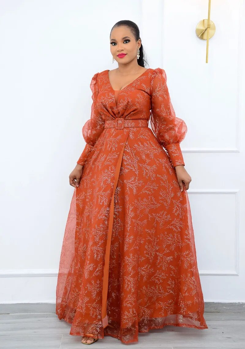 African Dresses for Women Summer 2021 African Women V-neck Long Sleeve Plus Size Long Dress Maxi Dress African Clothes Women