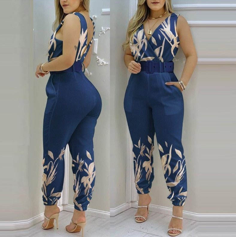 Woman Jumpsuits Elegant 2022 Jumpsuits  Sexy V-neck Sleeveless Printed Jumpsuit New Fashion with Belt Vest Playsuit Streetwear