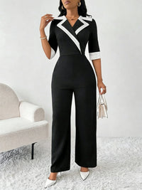 Women's Jumpsuit Contrast Trim Lapel Collar Half Sleeve Wrap Front Elegant Spring Summer Office Work One Piece Romper
