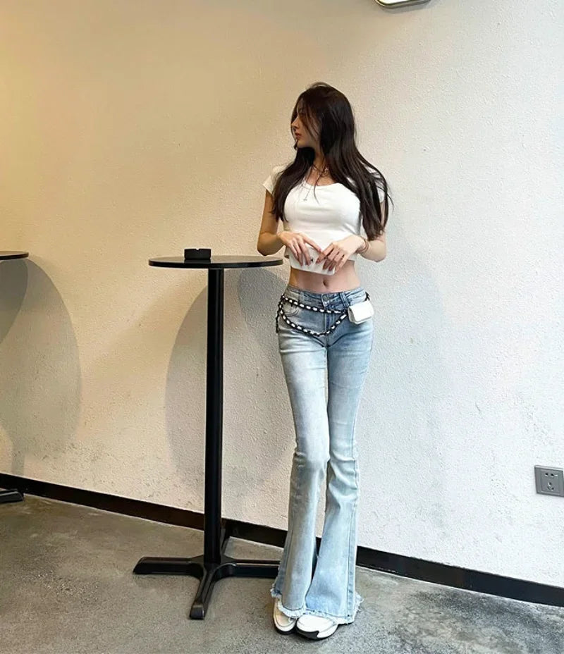 Low Rise Waist Bell Bottom Trousers Blue Pants for Woman Skinny Women's Jeans Flare Slim Fit Flared Baggy Stylish Summer Pant A