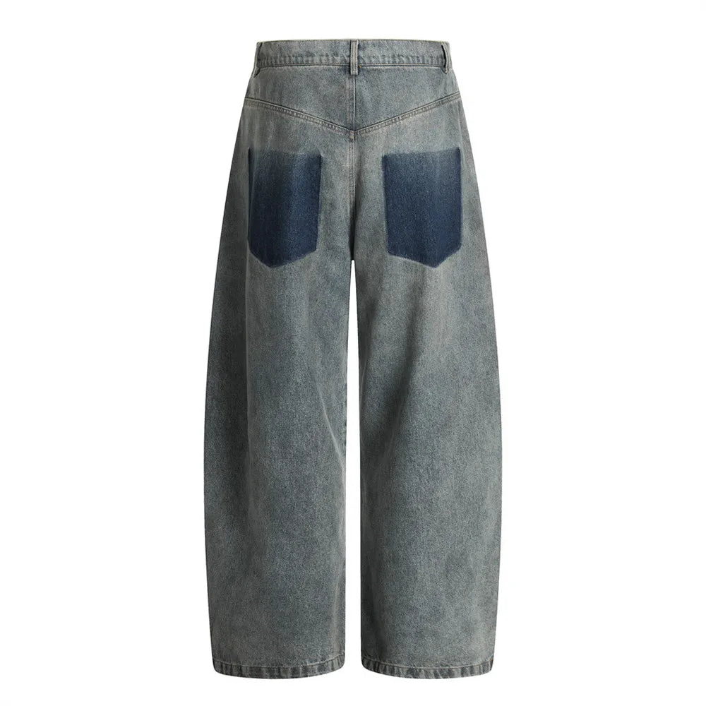 Ripped Jeans Mens With Rivets Pocket Retro High Street Washed Distressed Loose Wide leg Denim Pants Men