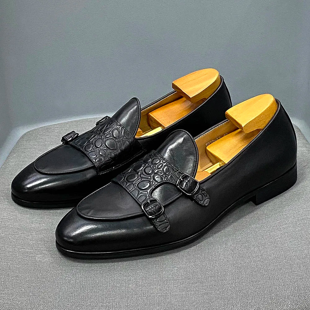 Luxury Men's Genuine Cow Leather Dress Shoes Green Black Slip-on Loafer Monk Strap Buckle Casual Business Wedding Footwear