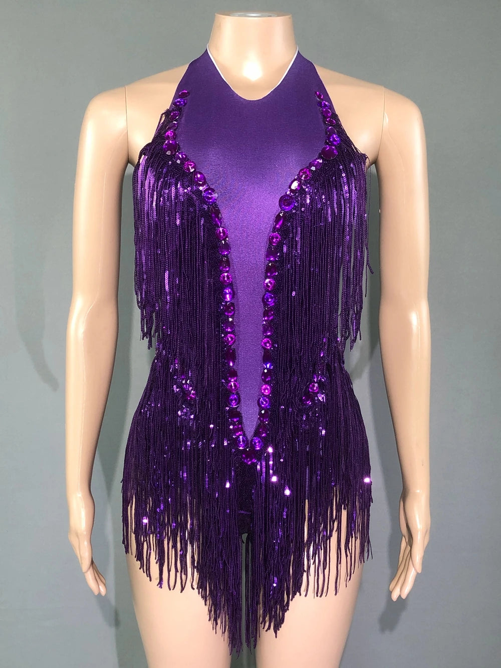 Sparkly Hot Pink Crystals Sequins Fringes Bodysuit for Women Sexy Backless Dance Costume Dancer Performance Show Stage Wear