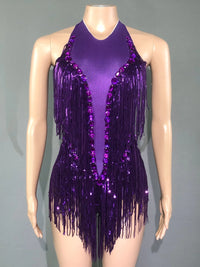 Sparkly Hot Pink Crystals Sequins Fringes Bodysuit for Women Sexy Backless Dance Costume Dancer Performance Show Stage Wear