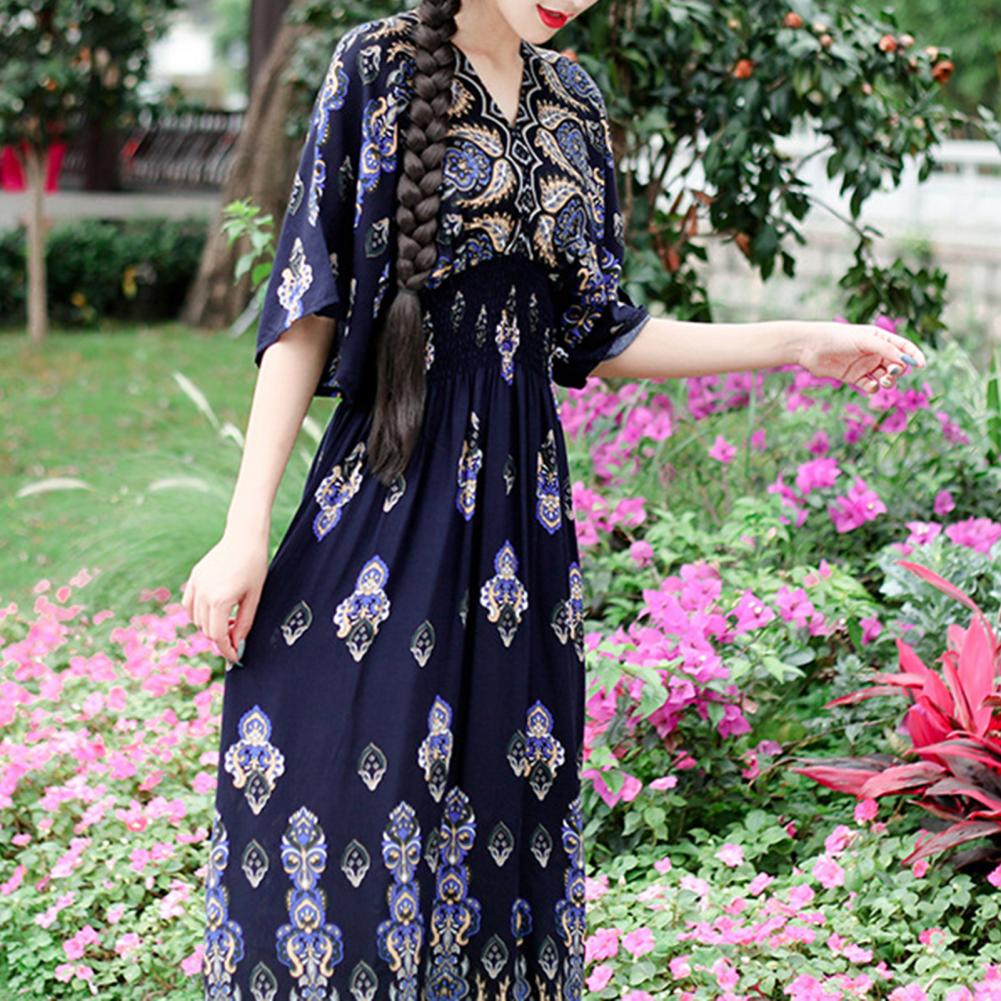 Summer Maxi Dress Soft Half Sleeves Vintage Style Ethnic Summer Vacation Lady Summer Dress Lady Summer Dress Daily Wear