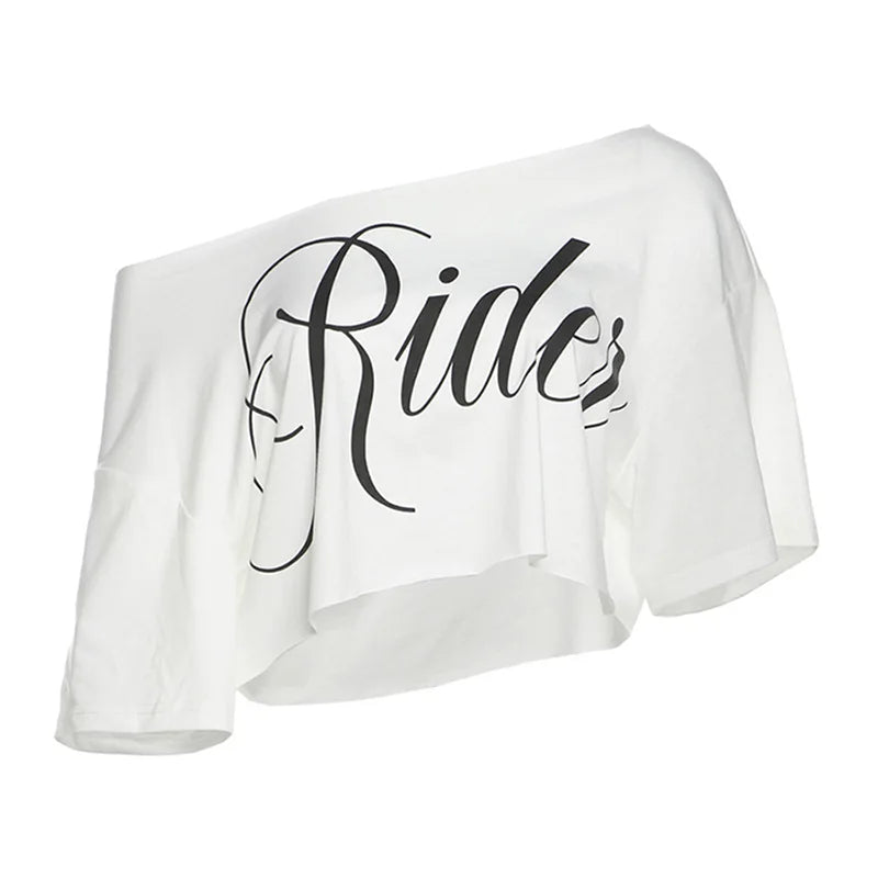 Spring New Women's Solid Color Loose Fashion Slant Neck Printed Short Sleeve Top for Women