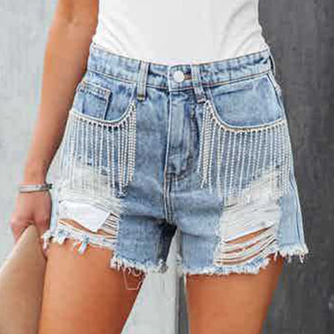 Sexy Fashion Casual Diamond Chain Tassel Perforated Jean Shorts Women Summer Streetwear