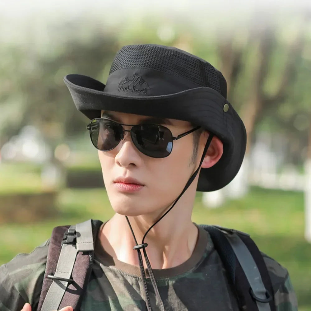 UPF 50+ Wide Brim Fisherman Hat Mesh Breathable Sun Hat for Fishing Hiking Outdoor Windproof Sunscreen Cap 56-59cm Hats for Men
