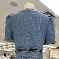 Summer new bubble sleeve v neck denim dress women slim waist denim A line dress bow zip