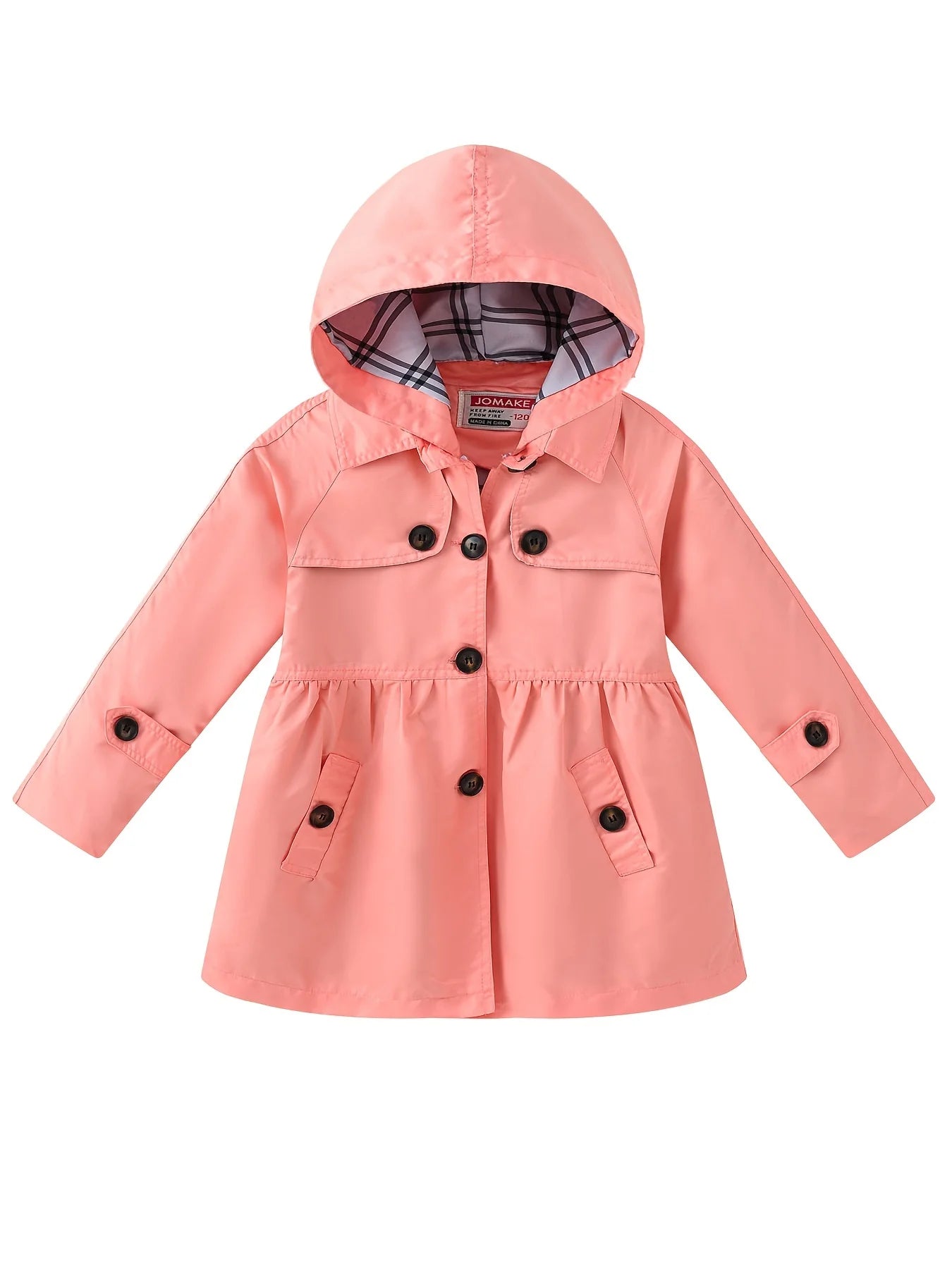 Girls Button Hooded Jacket Solid Color Outwear Mid-Length Coats With Pockets Winter