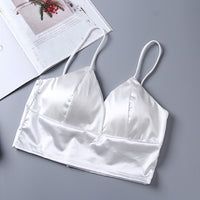 Sexy Satin Crop Tops Women Wireless Bralette Crochet Top Female Spaghetti Strap T-shirt Cropped With Chest Padded Camisole