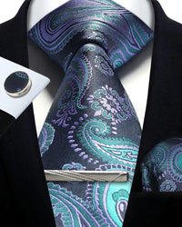 Mens Tie Set Silk Silver Paisley Floral Necktie and Pocket Square Cufflinks Tie Clip Classic Formal Ties for Men Wedding Party