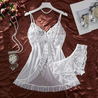 Sexy Nightgown Set Plus Size Sets Transparent Ultra-thin Women Pajamas Lace Brathong Set  Summer Lingerie Hot Mini Night Dress