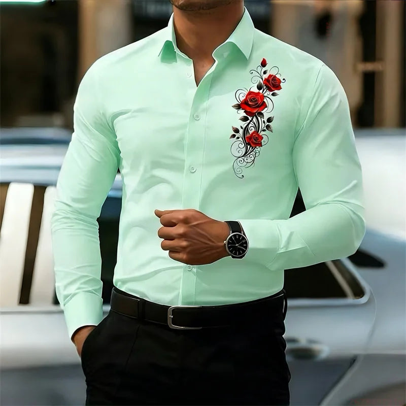Men's long-sleeved shirt, featuring a vintage red rose print design.  A stylish business casual shirt and fashionable men's top.