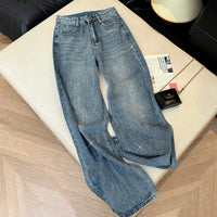 Women's Jeans Spring Retro Washed Diamond-encrusted Design Sense High-waisted Straight-leg Pants Loose Wide-leg Mopping Pants