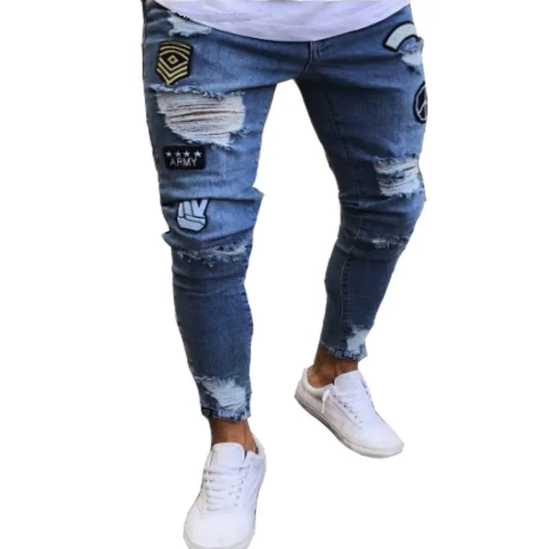 2023 White Embroidery Skinny Ripped Jeans Men Cotton Stretchy Slim Fit Hip Hop Denim Pants Casual Jeans for Men Jogging Trousers