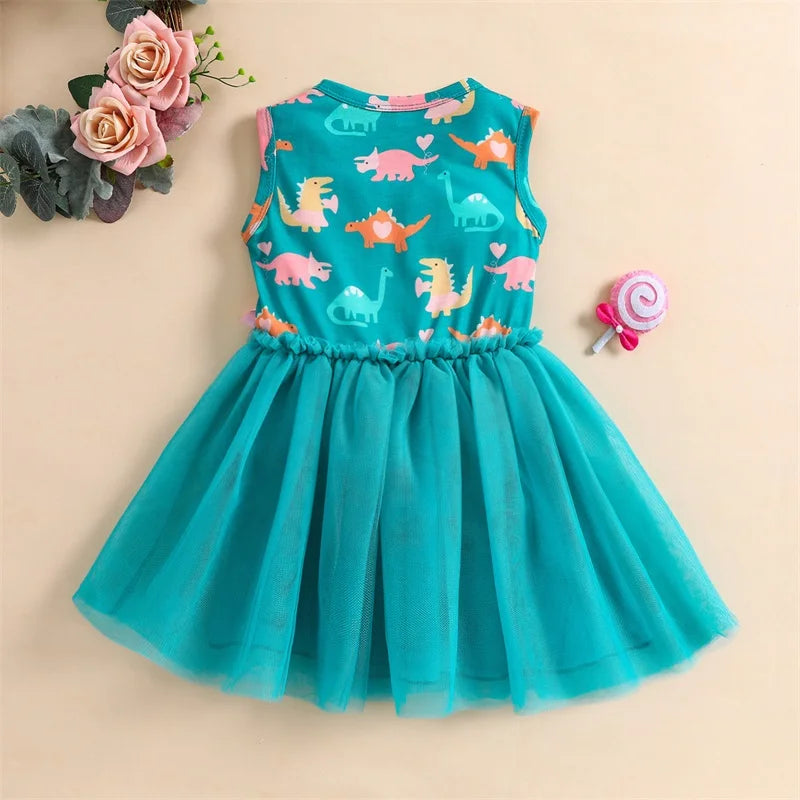 2023 Girls Summer Casual Dress Dinosaur Print Gauze Round Neck Sleeveless Princess Dresses for Kids