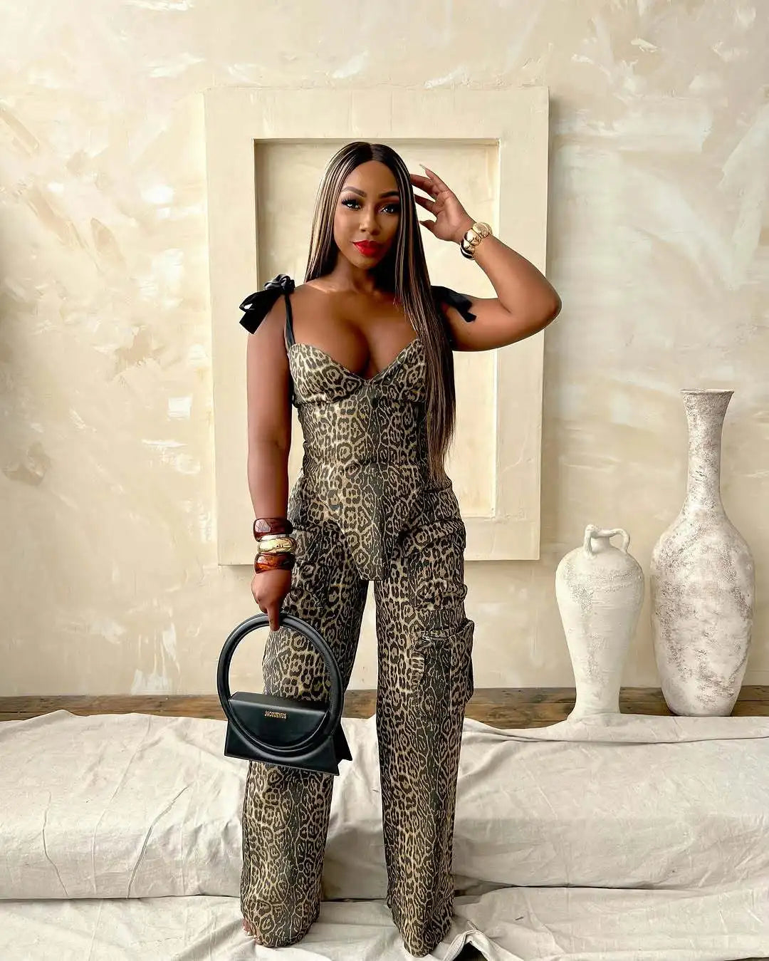 Sister Star Women's Oil Painting Ink Splash Printing Drawstring Tie Lace Multi-Pocket Loose Skinny Straight Pants Two Piece Set