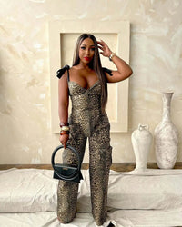 Sister Star Women's Oil Painting Ink Splash Printing Drawstring Tie Lace Multi-Pocket Loose Skinny Straight Pants Two Piece Set