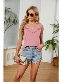 2023 Summer Fashion Ruffle V-neck Sleeveless Vest Blouse for Women Casual Loose Solid Sweet Pink Shirts Blusas Para Mujer 25153