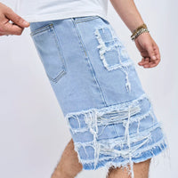2024 Summer Men's High Street Ripped Patch Denim Shorts Stylish Solid Casual Male Straight Jeans Shorts