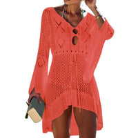 Sexy 2022 Beach Cover Up Crochet Knitted  Women Flared Sleeves Beach Dress