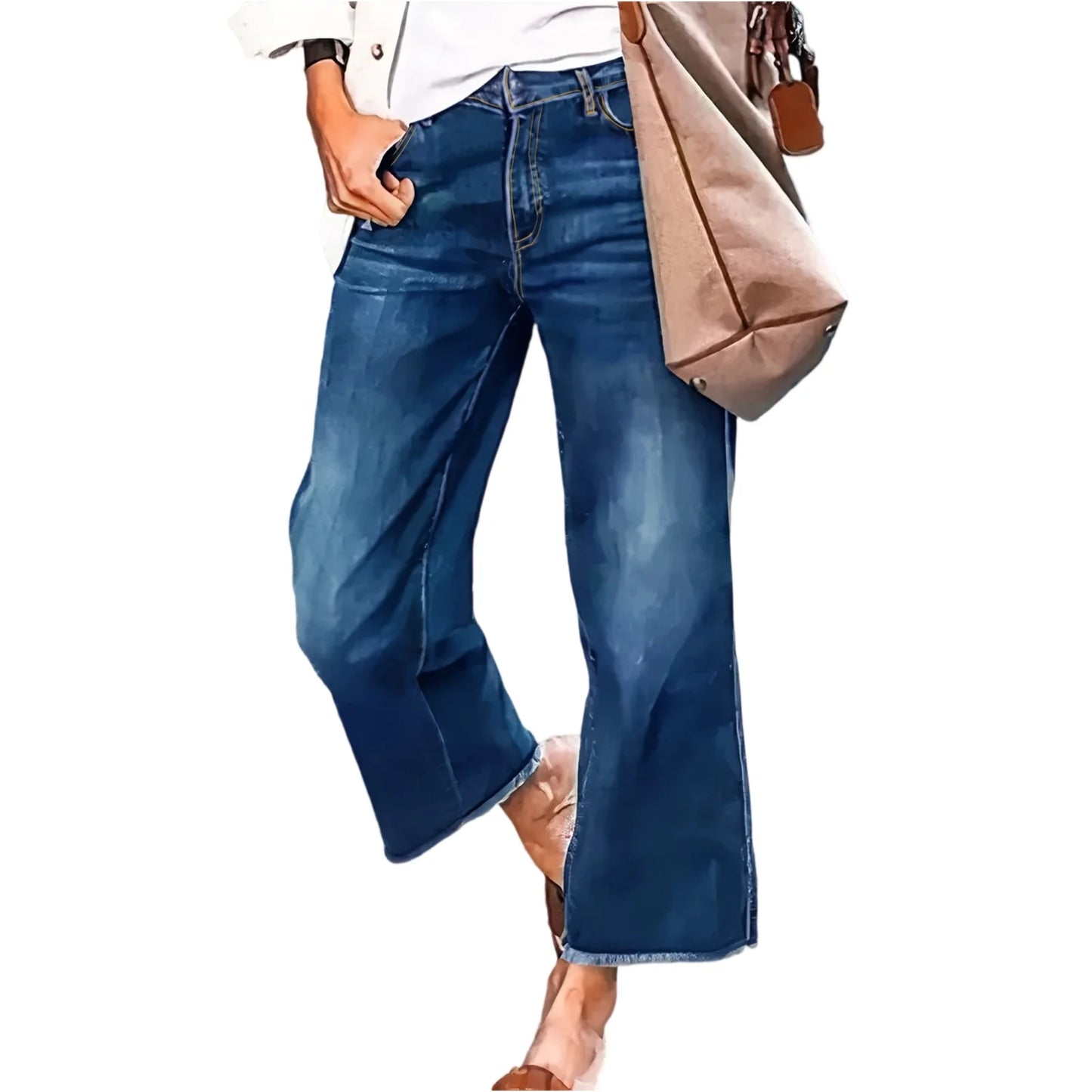 Wide-Leg Jeans For Women Washed Blue With Raw Edges Loose Fit Retro Trousers Lazy Style Trendy Trousers Daily Casual Wear