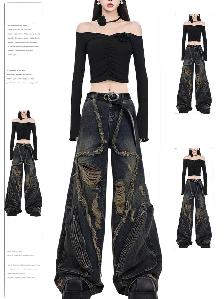 Women Black Gothic Cargo Jeans Harajuku Y2k Japanese 2000s Style Aesthetic Emo Denim Trousers Jean Pants Vintage Trashy Clothes
