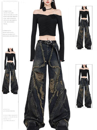 Women Black Gothic Cargo Jeans Harajuku Y2k Japanese 2000s Style Aesthetic Emo Denim Trousers Jean Pants Vintage Trashy Clothes
